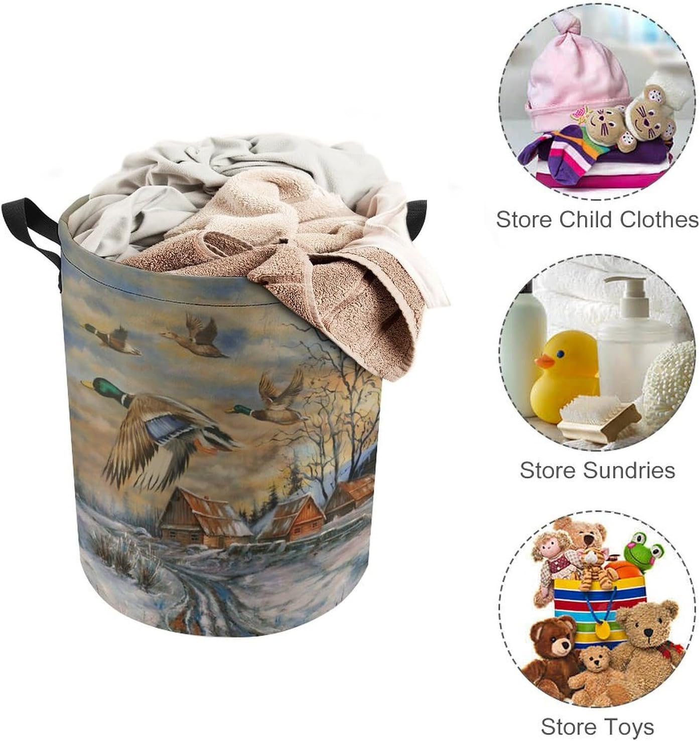 Abstract Hunting Theme Duck Dirty Clothes Hampers Drawstring Large Volume,Vintage Farmhouse Oil Painting Forest Chickens Ducks Laundry Hamper Storage Basket-13.8"W X13.8"L X17.3"H