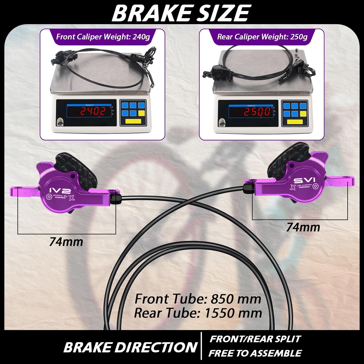 BUCKLOS IIIPRO IV2 MTB Hydraulic Disc Brake Set, 2 Piston Left Front 850mm Right Rear 1550mm Aluminum Alloy Levers Calipers for Mountain Bike/Ebike/Folding Bike/Fat Bike
