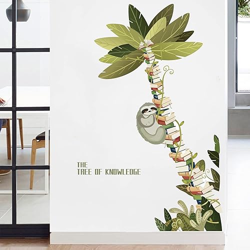 Miniatura 7 de Sloth Hanging on The Books Tree Wall Decals Decor, Large Book Tree of Knowledge Vinyl Wall Stickers, Removable Coconut Tree Plants Wall Mural for
