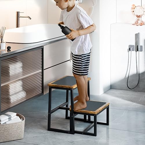 Miniatura 61 de Taburete de escalón para adultos, soporta hasta 500 libras, 3 en 1, resistente taburete de dos pasos para Kichen/baño/camas altas, marco de madera y