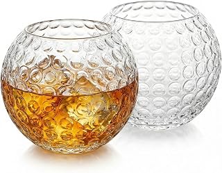 Golf Whiskey Glasses | Set of 2 | 15 OZ Golf Ball Shaped Old Fashioned Liquor, Cocktail Glass, Crystal Unique & Fun Drinking Glassware Accessories, Golfer Gift For Him, Husband, Father, Boyfriend, Her