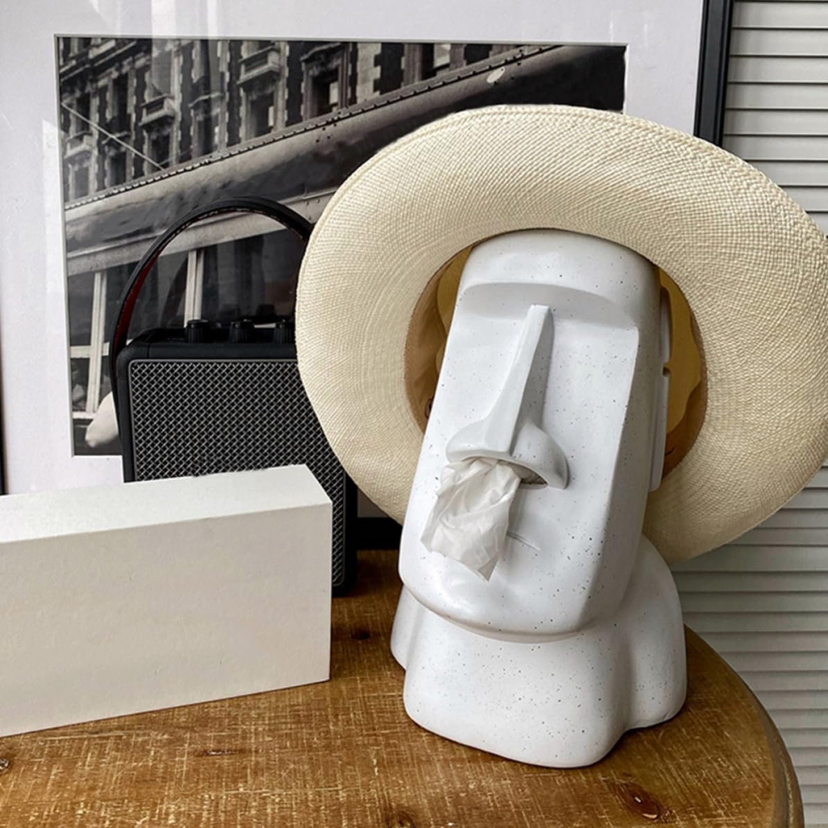 Moai Taschentuchbox aus Kunstharz für Kosmetiktücher in Weiß