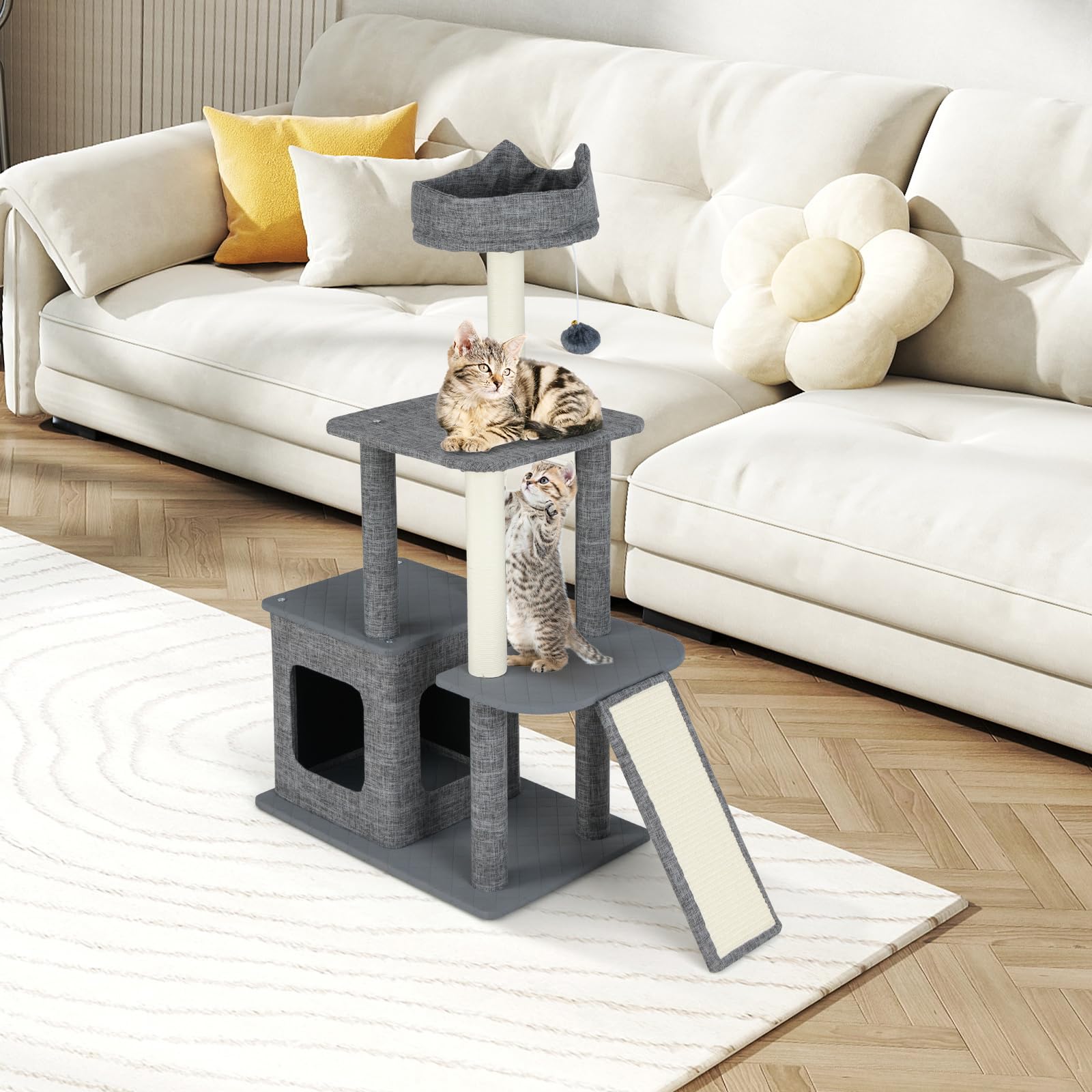 COSTWAY Tiragraffi per Gatto Alto 117 cm, Albero Tiragraffi Gatto con 5 Piattaforme, 2 Pali Sisal e Pallina Pompon, Torre Tiragraffi per Gatti con Grotta e Trespolo, Grigio