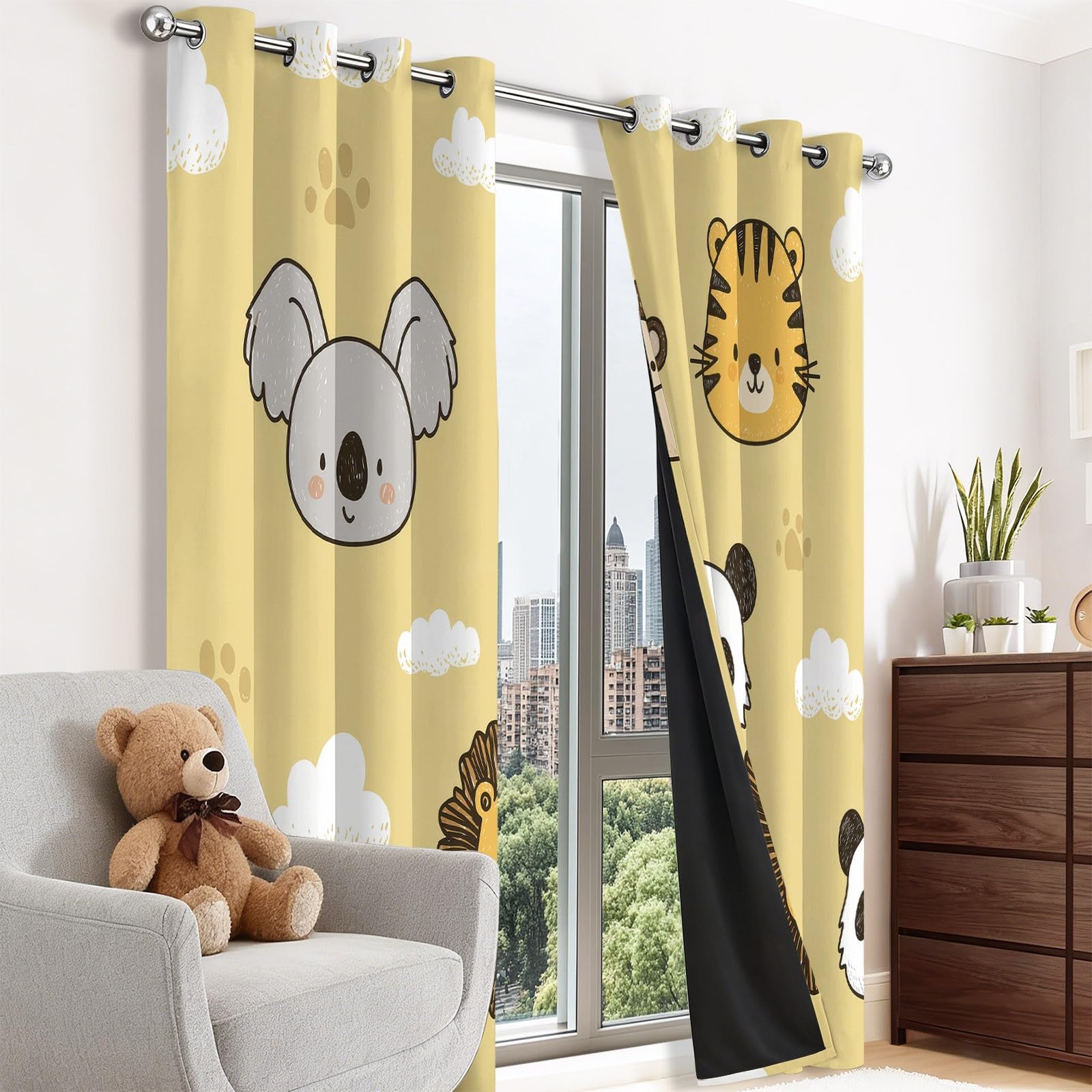 Rideau Occultant, Minimalisme Nordique Motif Rideaux Thermiques à Oeillets, Portraits D'Animaux Empreintes De Pattes Nuages Rideaux pour Salon Chambre Fenetre Décoration, 70 X 200 cm (LxH), Lot de 2
