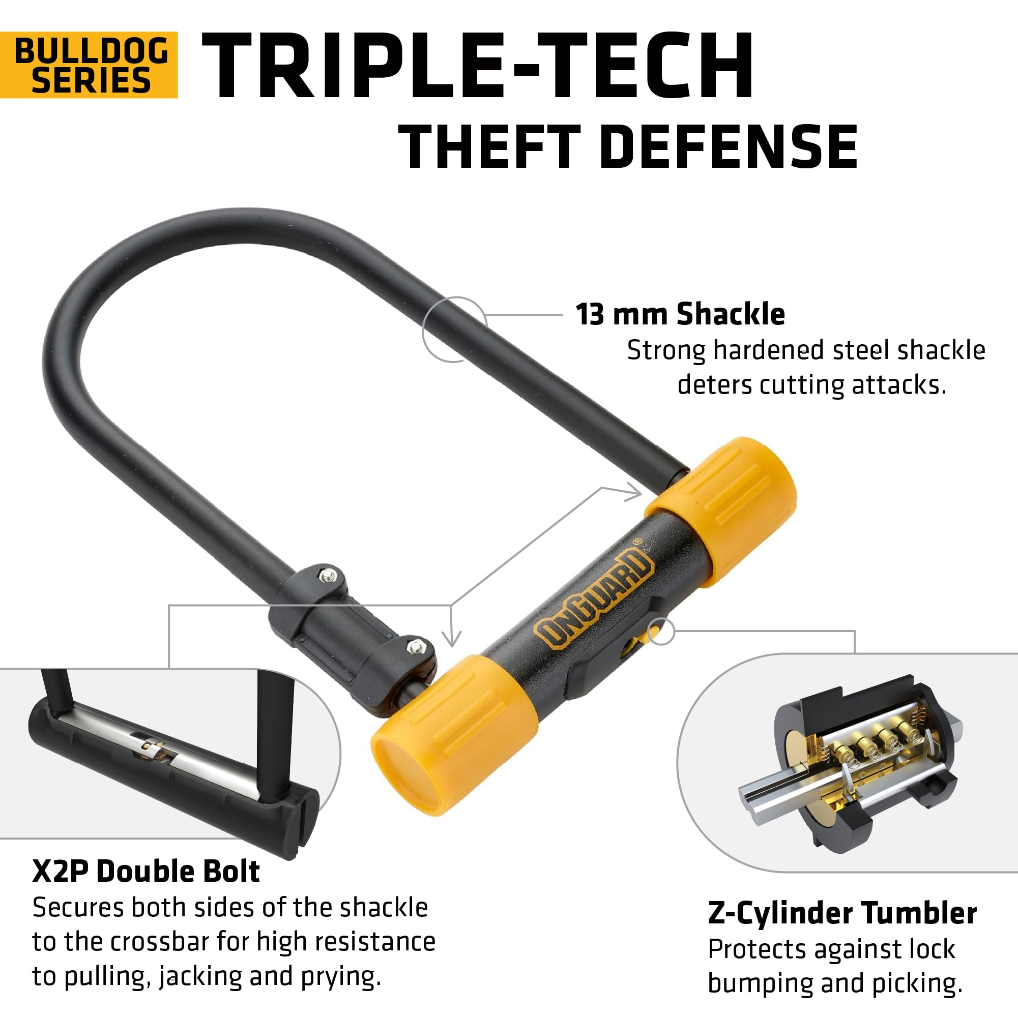 OnGuard Bulldog LS U-Lock 13 mm Hardened Steel Shackle 115 292 mm X2P Double Bolt Lock Z-Cylinder Core 5 Keys & Universal Mount Bracket for Bikes | bike-locks product thumbnail 4