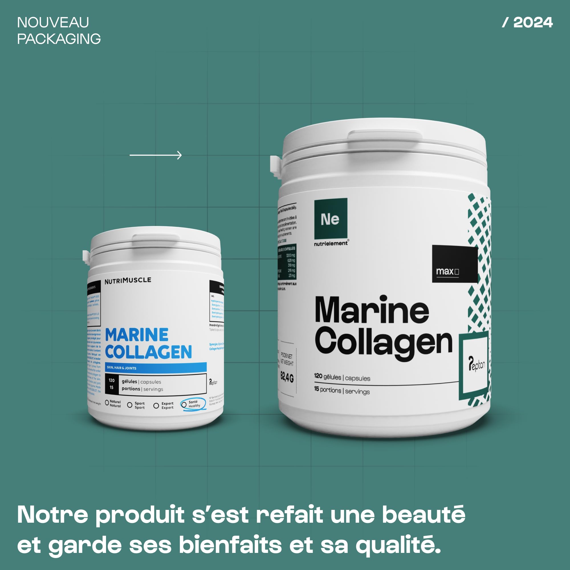 Collagène Marin Peptide Peptan Type 1-120 Gélules - Collagène hydrolysé - Contribue à la santé des cheveux, articulations, os - Favorise la jeunesse de la peau | Nutrielement By Nutrimuscle