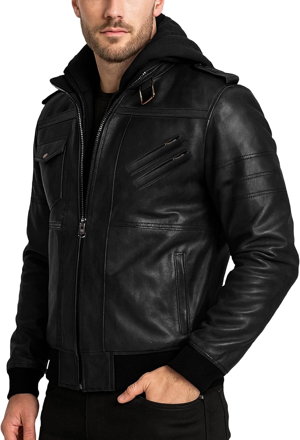 J'Jackin Men's Genuine Lambskin Leather Motorcycle Bomber Jacket for Men with Detachable Hood