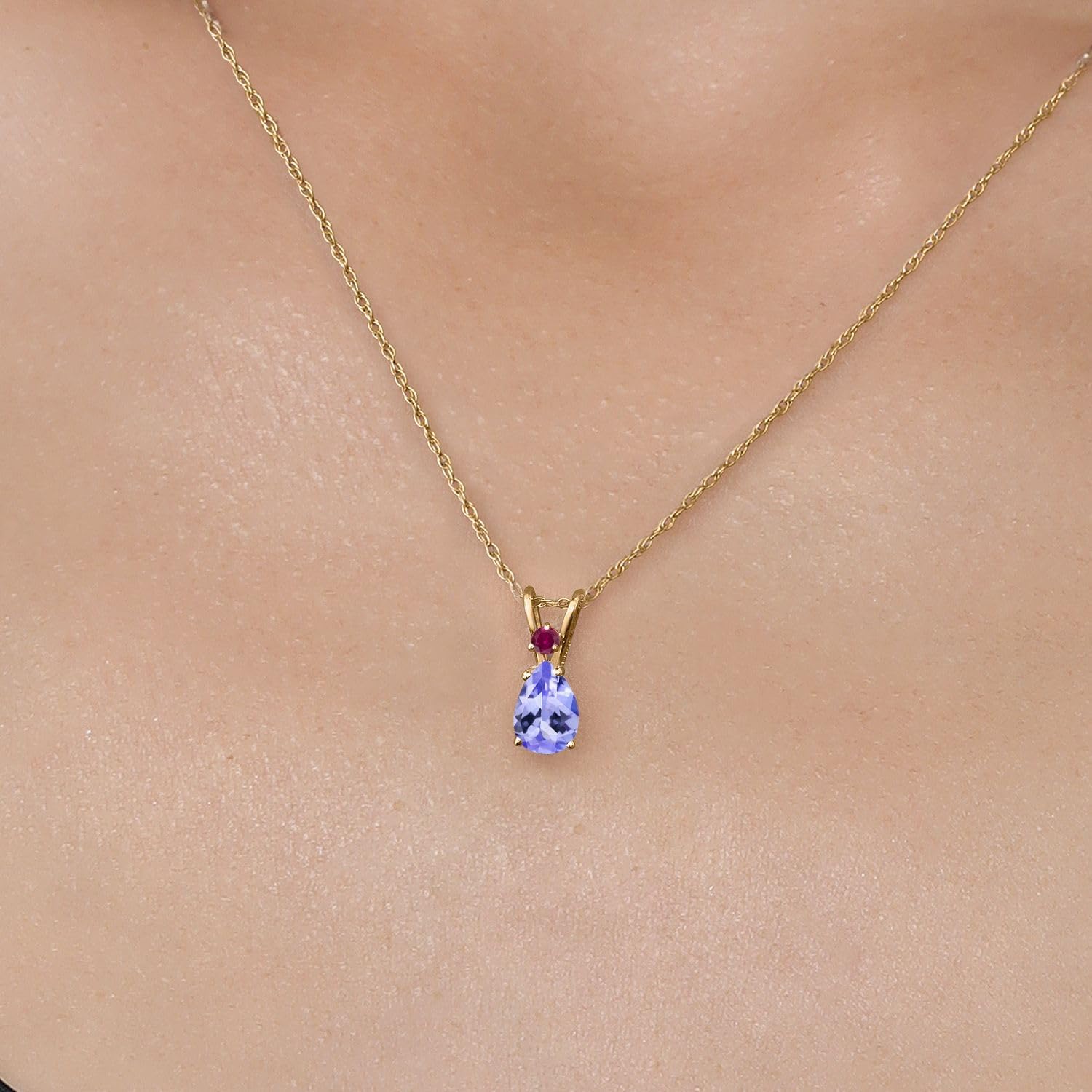 Gem Stone King 14K Yellow Gold Blue Tanzanite and Red Created Ruby Pendant Necklace for Women | 0.68 Cttw | Gemstone December Birthstone | Pear Shape 7X5MM | With 18 Inch Chain - Image 3