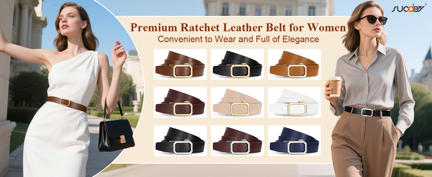 SUOSDEY Women Leather Ratchet Belt for Jeans Pants with 