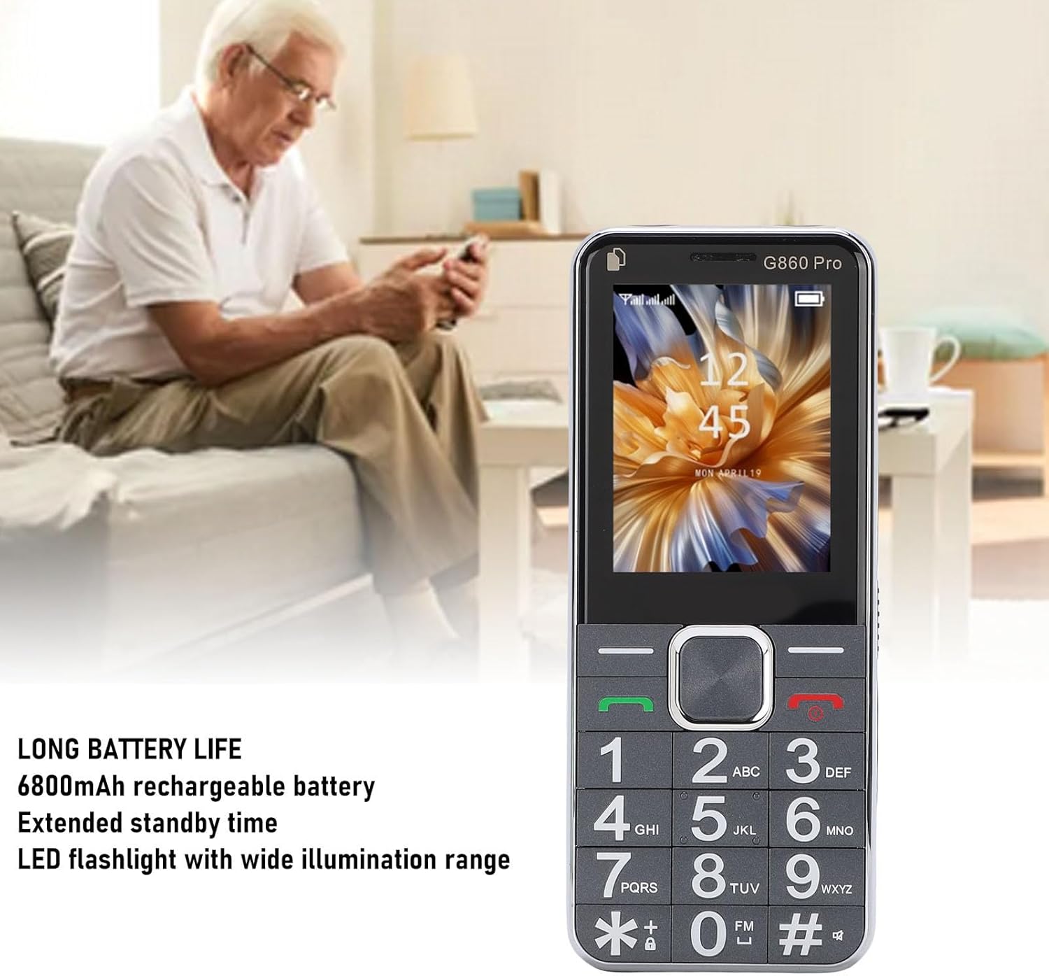 Yoidesu 2G Dual SIM Unlocked Mobile Phone, Large Buttons Senior Cell Phone with 2.4 Inch HD Screen, 6800mAh Battery GSM Dual SIM FM LED Flashlight for Elderly (US Plug)