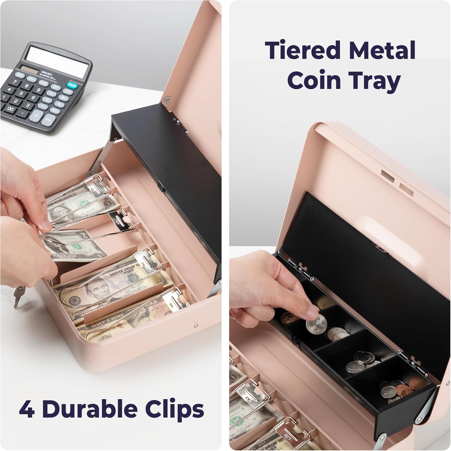 Volcora Large Cash Box with Key Lock, Metal Money Box for Cash, Portable Locking Safe Box with Money Tray, Durable Money Saving Organizer for Yard Sale, Garage Sale, Small Business, Rose Gold