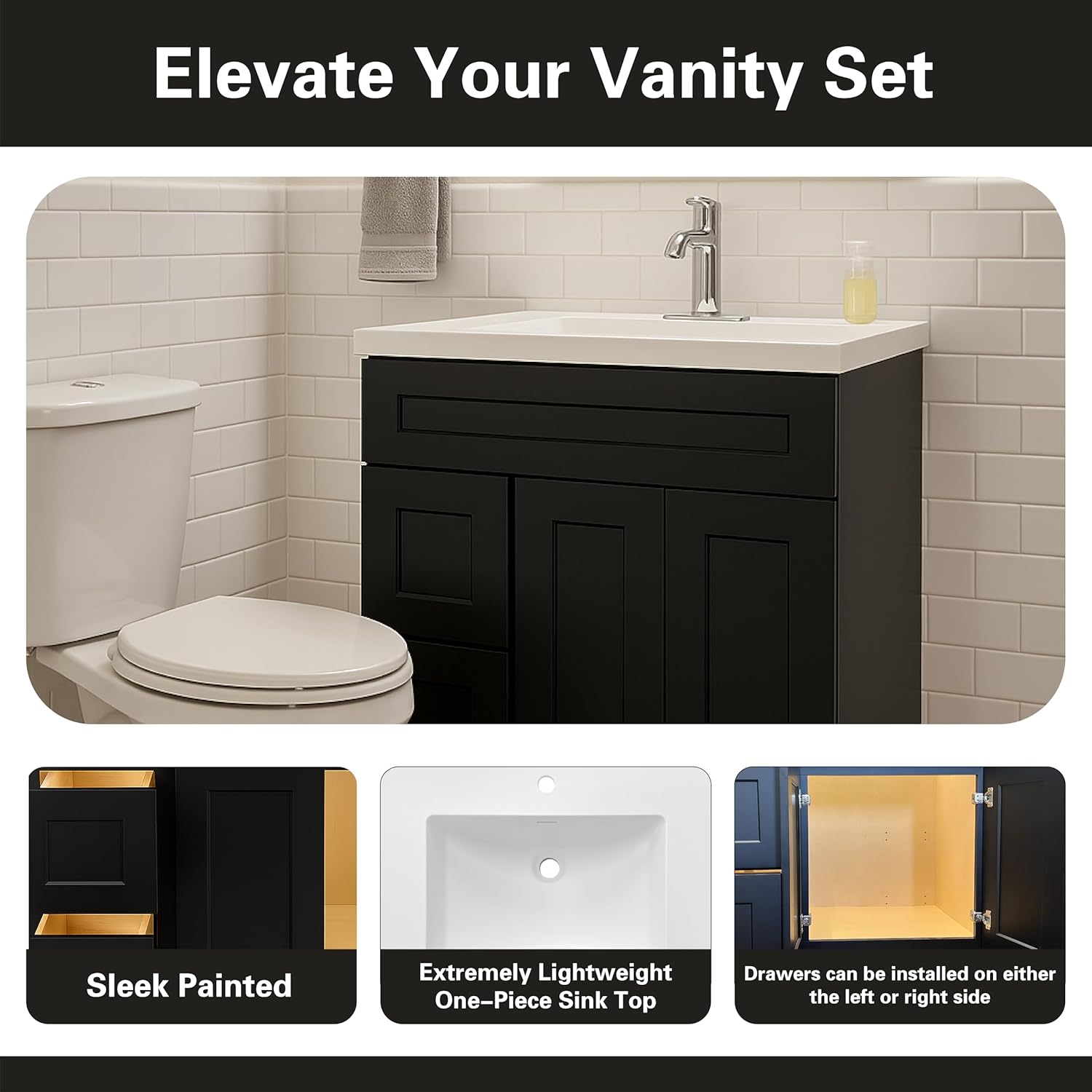 36" Black Shaker Bathroom Vanity with Sink – Solid Surface One-Piece Top, Soft-Close Doors, Polyurethane Nano Resin Sink, Pre-Drilled Faucet Hole, Modern Bath Vanity Cabinet Set