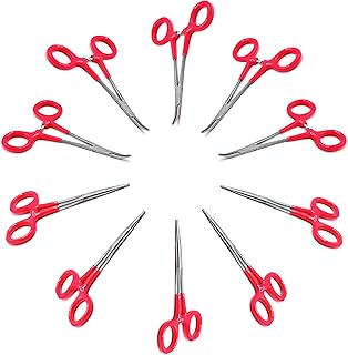 AAProTools Red PVC Grip 10-Pack Mosquito Hemostat Locking Forceps, 5 Curved & 5 Straight, Stainless Steel, 5-Inch