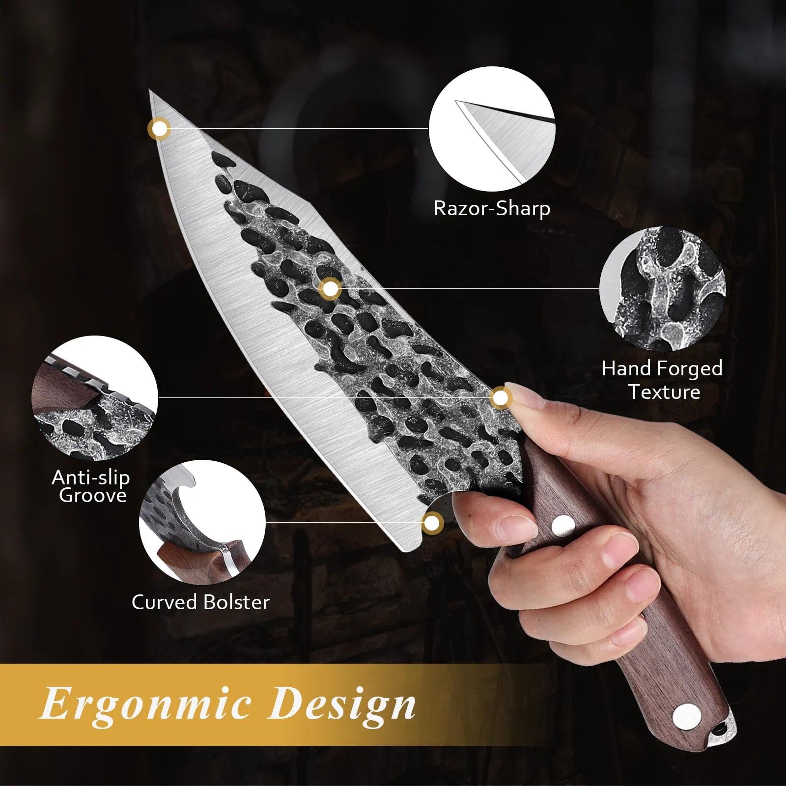 DRAGON RIOT Kochmesser Japanisch Wikinger Messer Handgeschmiedet Chefmesser Profi Küchenmesser Scharf Grillmesser Outdoor Messer mit Scheide für Küche Camping Grill BBQ