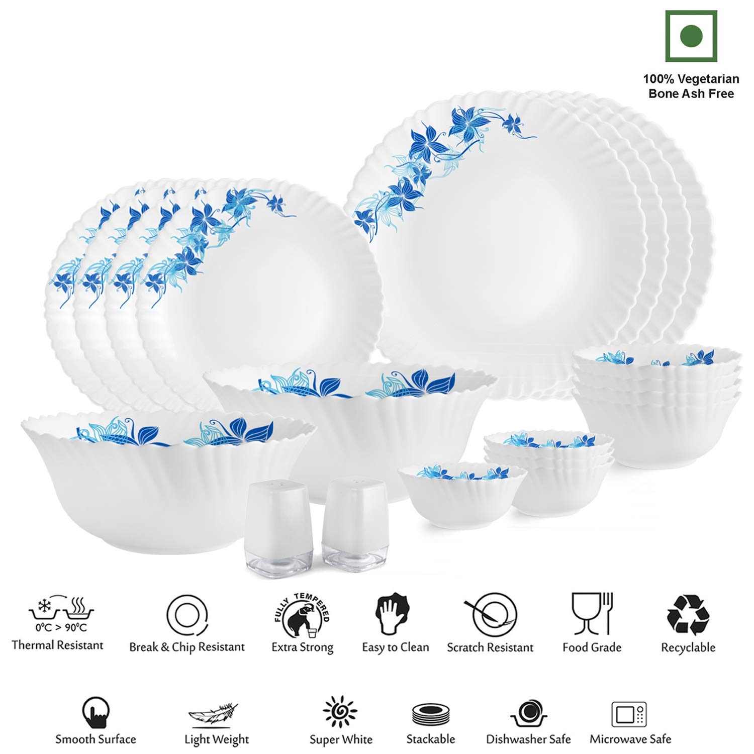 Cello Opalware Dazzle Series Blue Swirl Dinner Set, 20 Pcs | Light-Weight, Daily Use Crockery Set for Dining | White Plate and Bowl Set 1