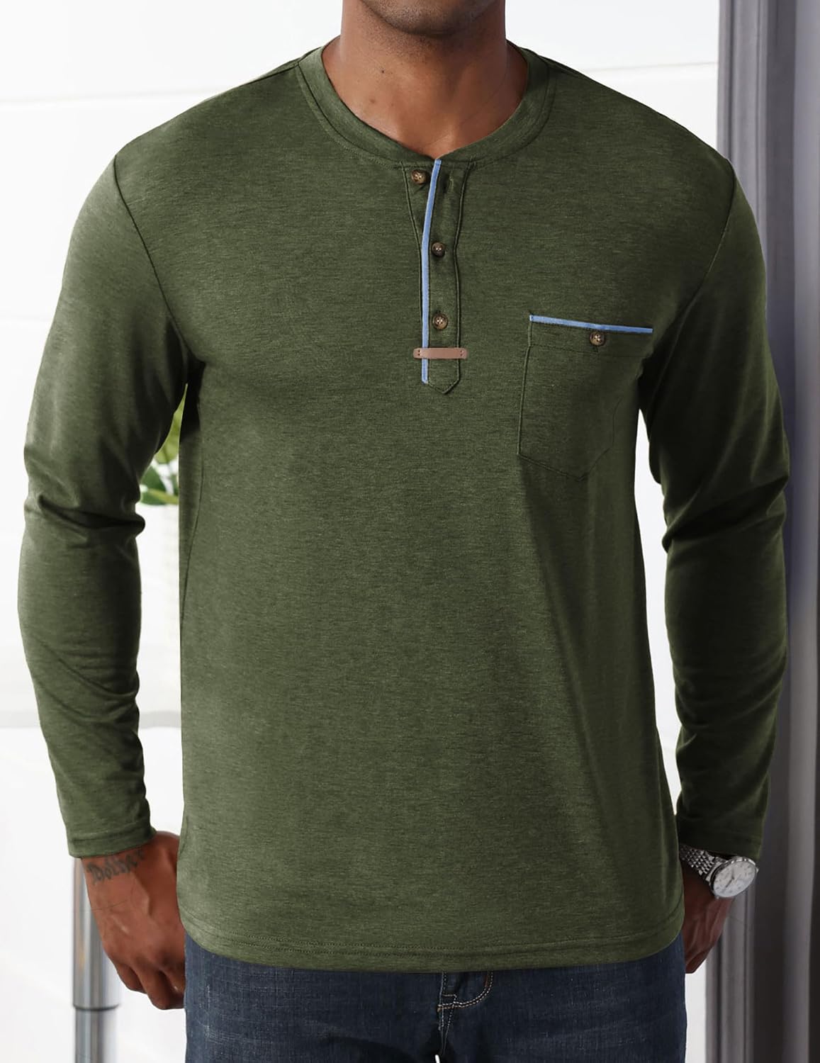 Mens Athletic Henley Shirts Casual Lightweight Long Sleeve Button Pullover with Pocket