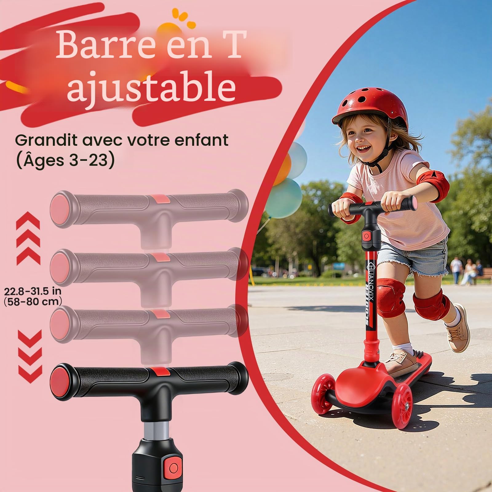 Trottinette pliable pour enfant avec clignotants, hauteur réglable, large plateau et frein, pour garçons et filles à partir de 3 ans