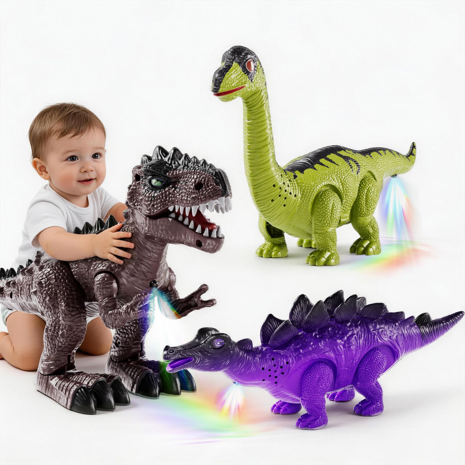 3 en 1 Juego de Dinosaurio Caminante Realista con Sonidos Naturales, 3 Figuras de Tyrannosaurus, Brachiosaurus, Triceratops, Regalo para Niños de 3+ Años.