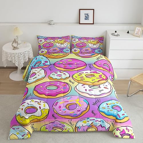 Conjunto de edredón de plumón de donuts para niños, divertido patrón de alimentos para niños y niñas, edredón de cama con estampado de postre