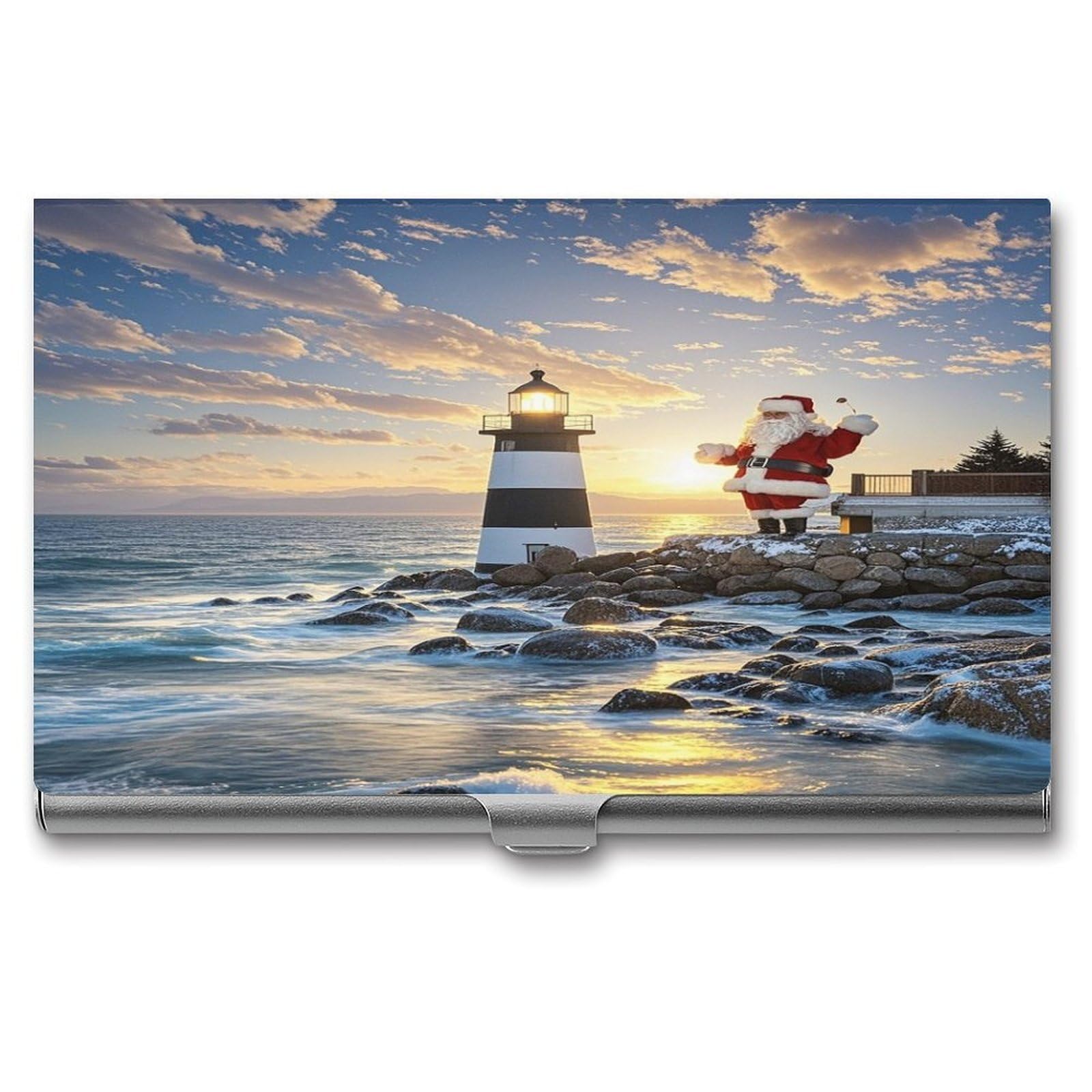 FekiLoot Santa Claus Lighthouse Business Card Holder for Men Women Metal Slim Organizer Business Card Carrier Wallet Name Cards Holder Retro Slim Pocket Purse Small Portable Card Case