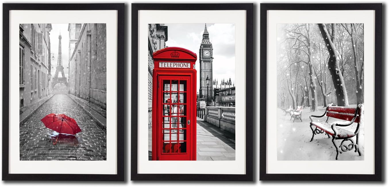 Black White And Red Wall Art Print Posters Eiffel Tower Decor Big Ben Art Wall Picture Snow Photos For Home Office Decoration 3 Piece Black Framed London Paris Painting Printed On Canvas White Mat