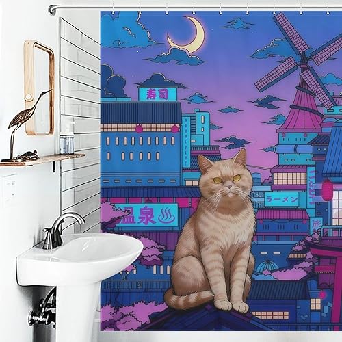 Miniatura 3 de Cortina de ducha de gato japonés neón de ciudad, impermeable, decoración Cyberpunk de poliéster para niños y adultos, se adapta a bañera, ducha y