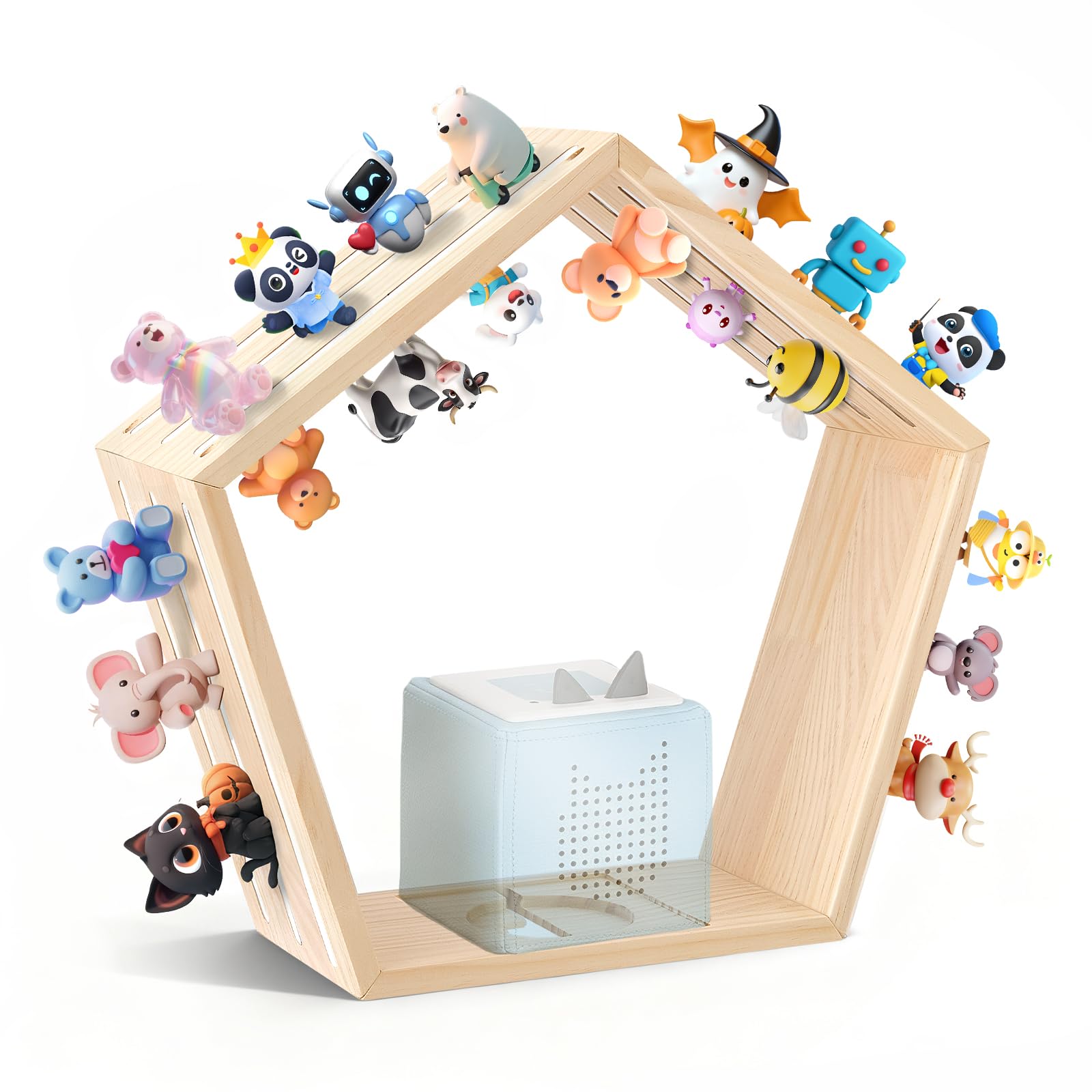 Luqixcey Hexagon Tonie Regal für Toniebox – Magnetisches Toniebox Regal Wabenform für 68 Figuren, 46x42cm Holz Wandregal Kinderzimmer, Schweberegal zum Aufhängen oder Hinstellen