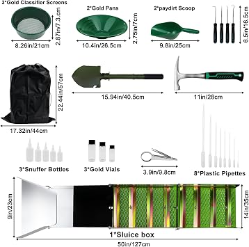 MACIFECI Gold Panning Kit with 50 Gold Sluice Box for Gold Mining, Gold Mining Tools Include Gold Pan, Gold Classifier, Gold Prospecting Equipment