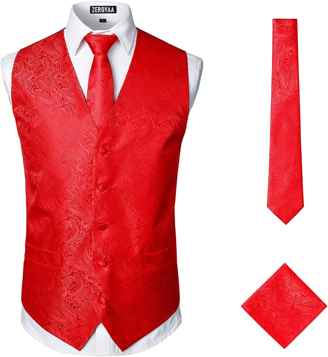 ZEROYAA Mens Classic 3pc Jacquard Paisley Vest Set Necktie Pocket Square Waistcoat for Suit or Tuxedo