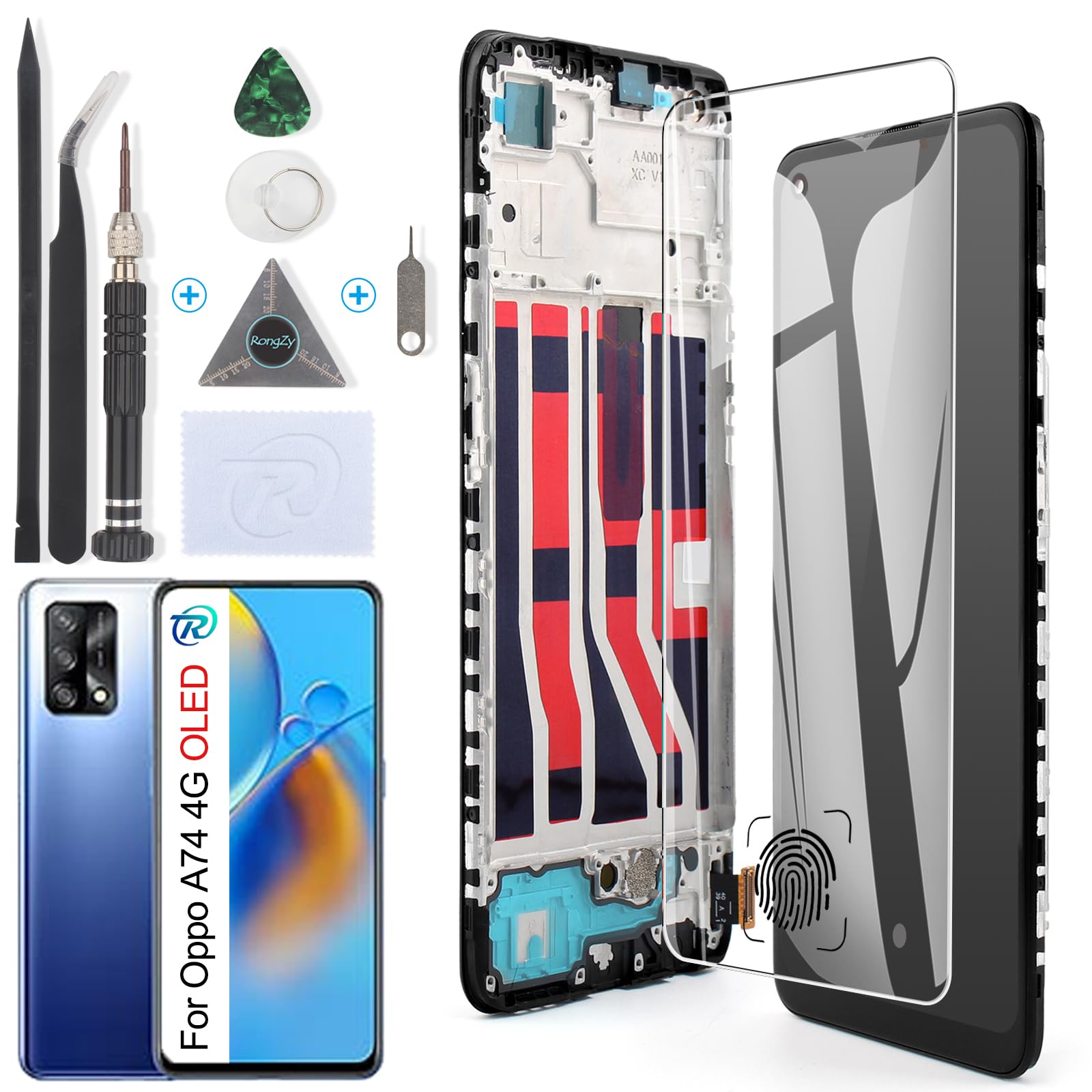 RongZy Écran OLED LCD pour 6.43" Oppo A74 4G Écran De Remplacement pour Oppo A74 4G CHP2219 Écran LCD Numériseur Tactile Panneau Assemblé De Réparation avec Outils(Noir avec Cadre)