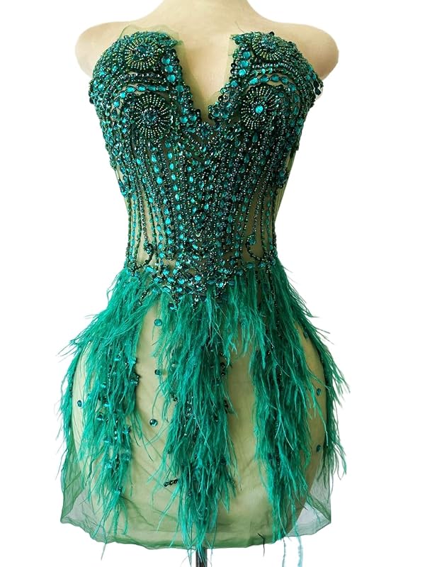 Beautiful Ostrich Fur Decoration Large Full Bodice Applique Pure handsewing Shining Rhinestones Beads lace Trim Patches for Wedding Party Evening Dress Accessories (Deepgreen) by Zbroh - Image 2