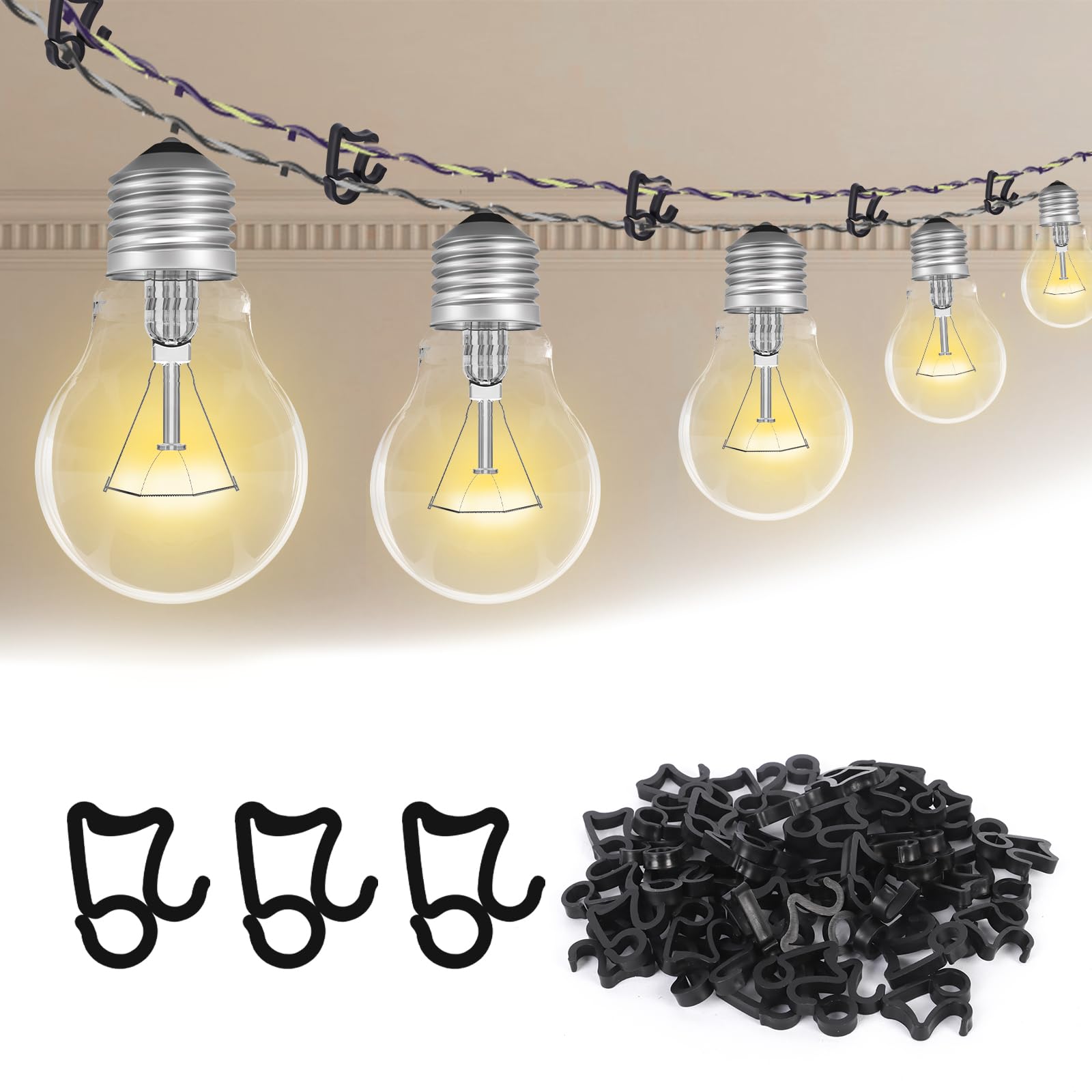 Bomiclss Black 100Pcs Gutter Hooks For Outdoor Lights, Outdoor Light Hooks Clips, Light Clips Hooks For Wedding Christmas String Lights Garden Tree Home Decor (Black)