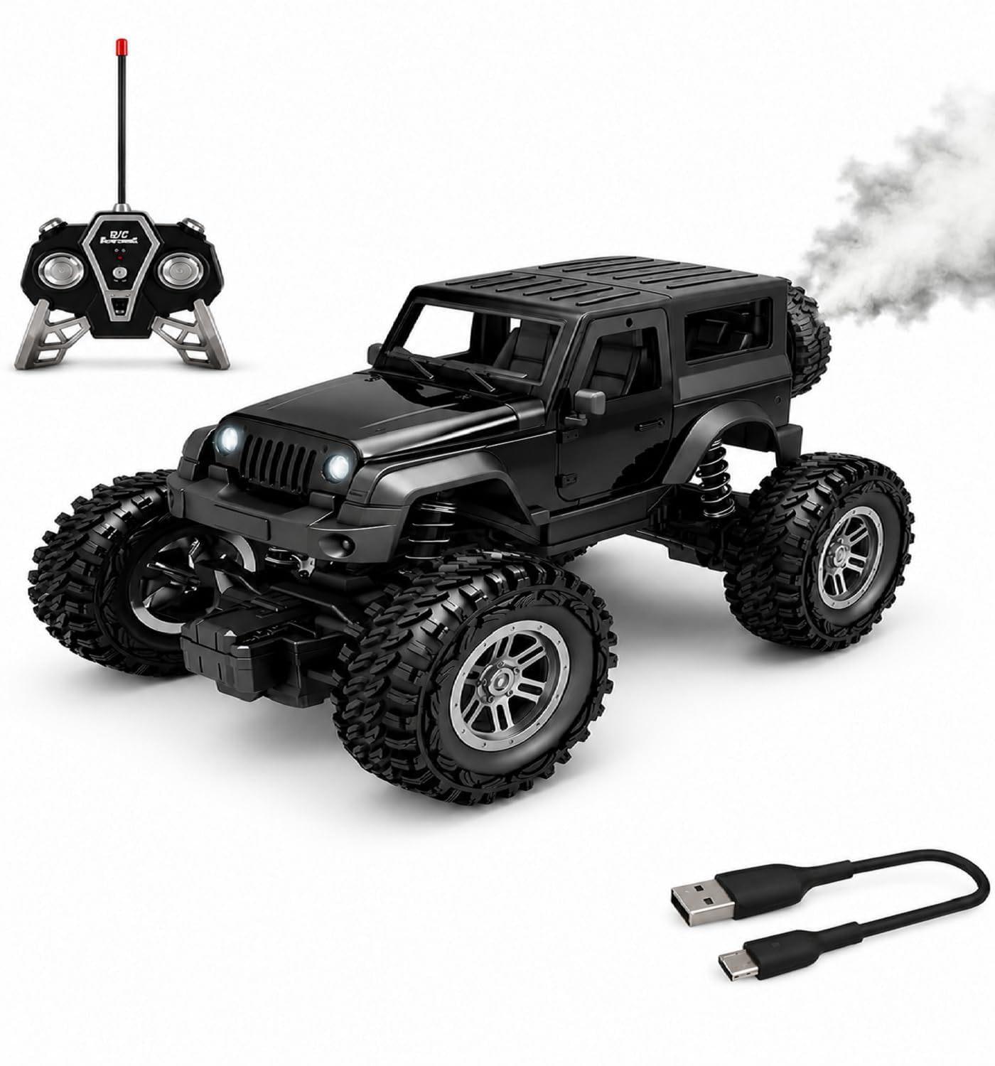 Braintastic Remote Control Thar Rock Climbing Car for Kids | Rechargeable Off Road Jeep Toy with Mist Spray Lights Music | 4x4 RC Stunt Vehicle Gift for Boys Girls Outdoor Play (Dark Black)-image-7