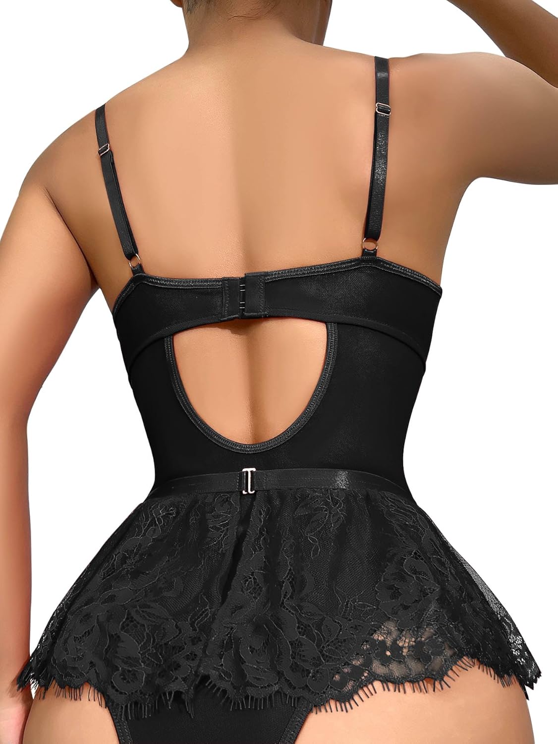 Lilosy Sexy Stocking Rhinestones Heart Garter Underwire Floral Mesh lace Sheer Babydoll Lingerie Teddy Bodysuit Skirt Set - Image 2