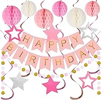 Vista 16 de meowtastic - Decoraciones de cumpleaños, pancarta de feliz cumpleaños con bolas de panal de abeja, serpentinas colgantes de estrellas, guirnalda