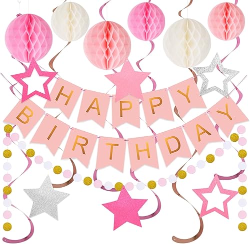 Vista 16 de meowtastic - Decoraciones de cumpleaños, pancarta de feliz cumpleaños con bolas de panal de abeja, serpentinas colgantes de estrellas, guirnalda