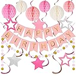 meowtastic Birthday Decorations, Happy Birthday Banner with Honeycomb Balls, Stars Hanging Swirls Streamers, Circle Dots Garland, Happy Birthday Party Decorations for Women Men Boys Girls (Pink)