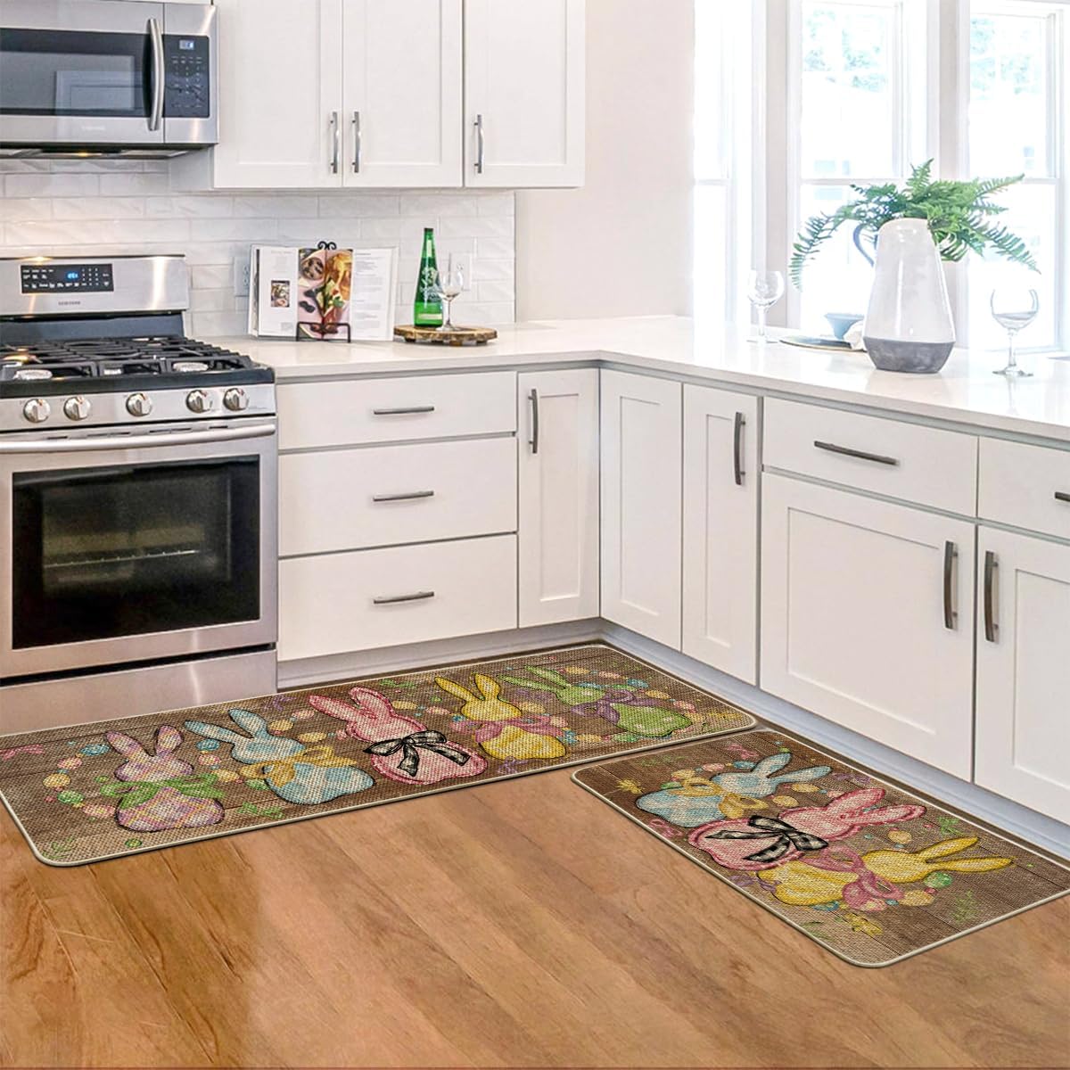 Artoid Mode Bow Tie Bunny Egg Beads Wood Easter Kitchen Mats Set of 2, Spring Home Decor Low-Profile Kitchen Rugs for Floor - 17x29 and 17x47 Inch