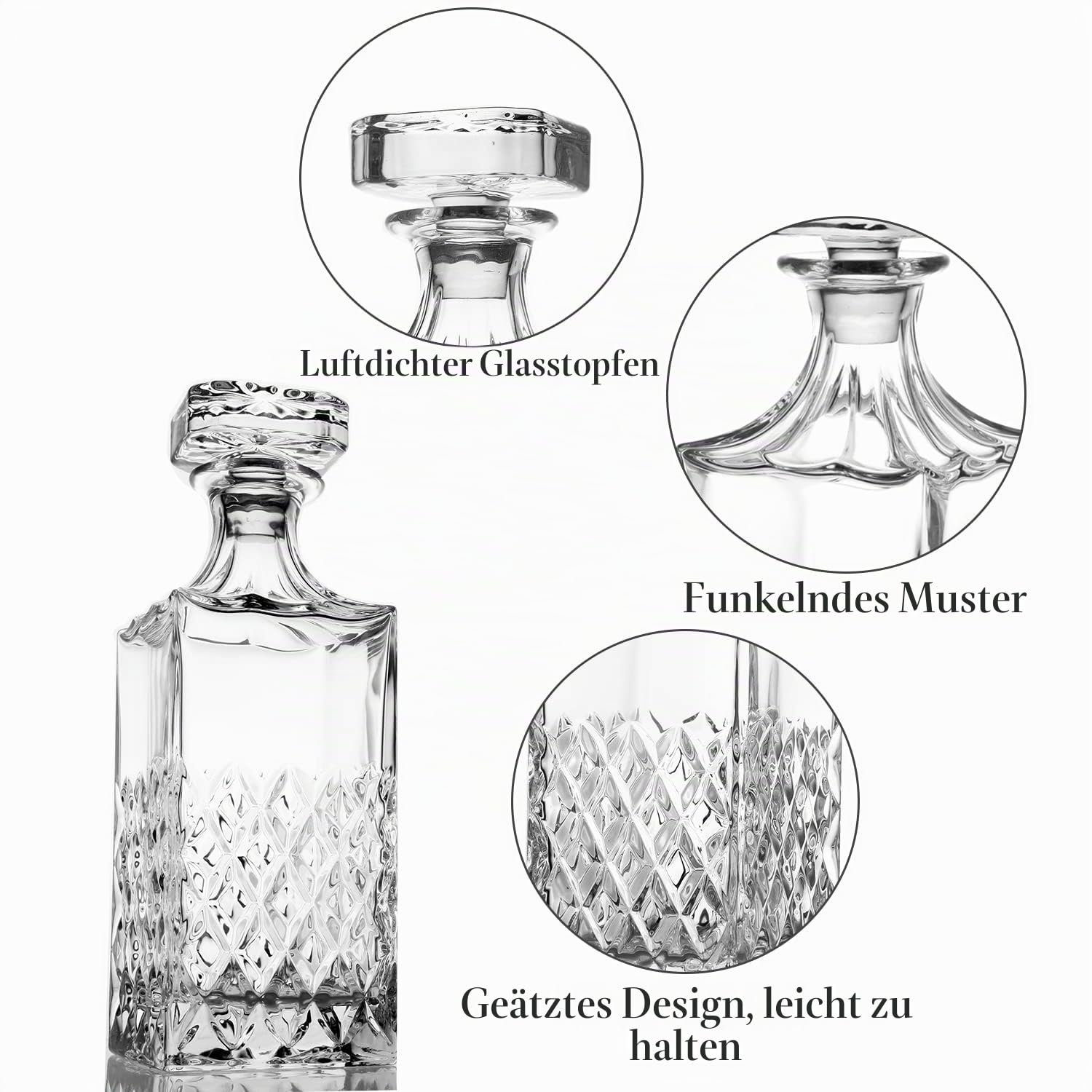 LIGHTEN LIFE Whisky-Dekanter 849 ml Bleifreier Karaffe Mit Stopfen in Geschenkbox - Kristall-Scotch, Premium-Bourbon, Spirituosen-Dekanter für Männer