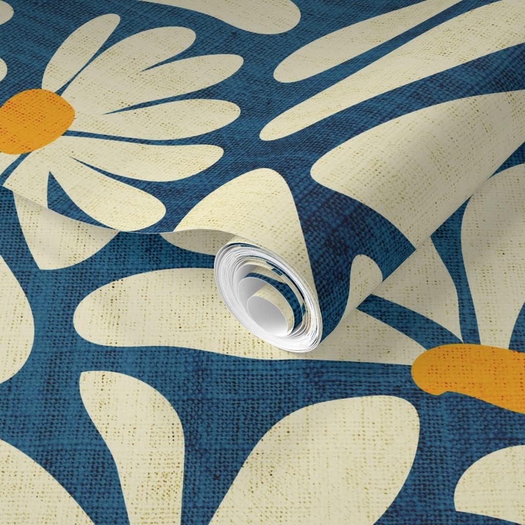 Spoonflower Removable Wallpaper 9ft x 2ft - Retro Daisy Flower Power Blue Floral Vintage Groovy 70S 60S Custom Pre-Pasted Wallpaper