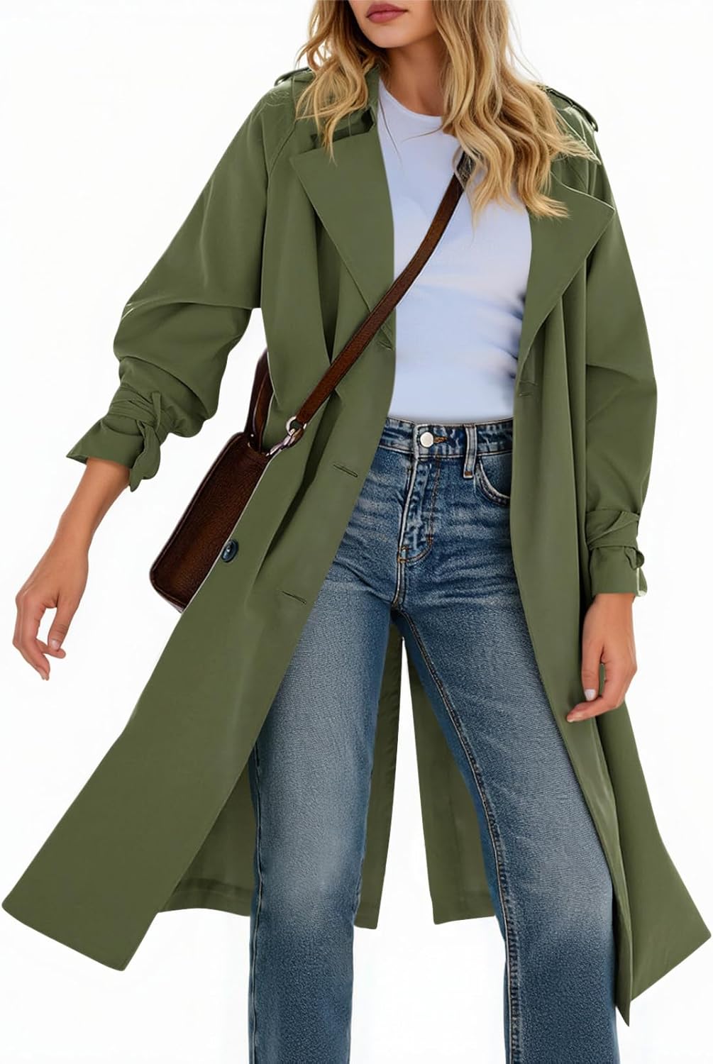 Tankaneo Womens Long Trench Coat Double Breasted Notch Lapel Lightweight Oversized Windproof Fall Overcoat with Belt