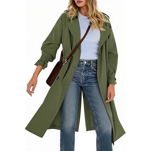 Tankaneo Womens Long Trench Coat Double Breasted Notch Lapel Lightweight Oversized Windproof Fall Overcoat with Belt