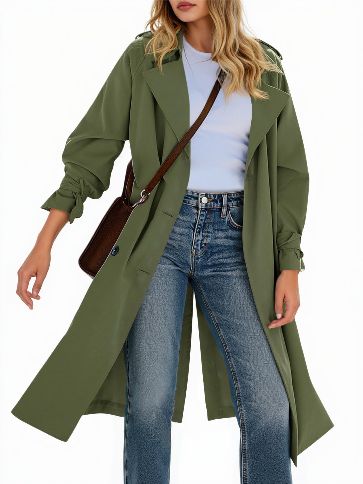 Tankaneo Langer Damen-Trenchcoat, zweireihig, Revers, leicht, übergroß, winddicht, Herbstmantel mit Gürtel
