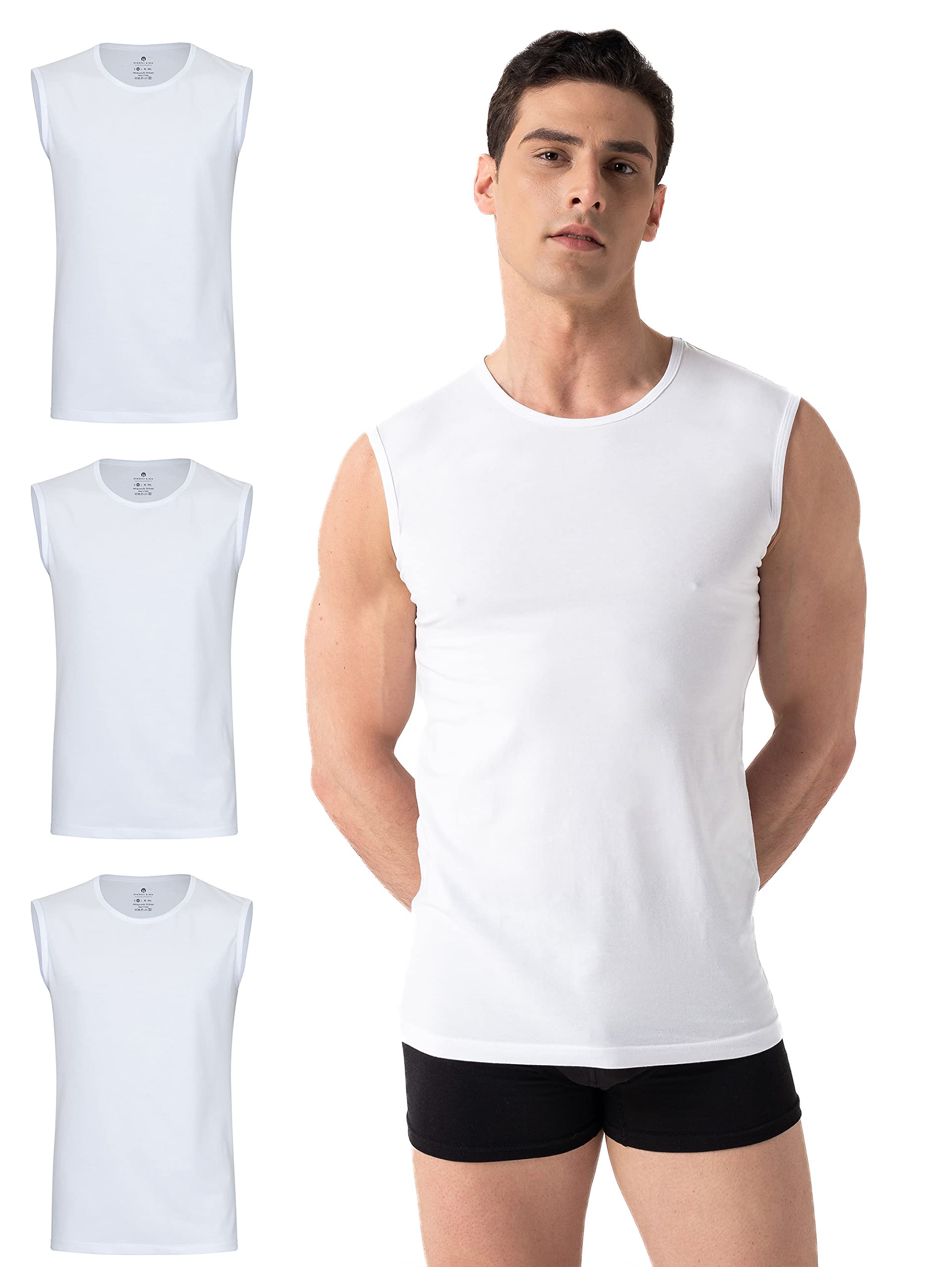 Burnell & Son Unterhemd Herren Ärmellos mit Rundhals 3er Pack - Muskelshirts Herren aus Baumwolle Slim Fit Weiss