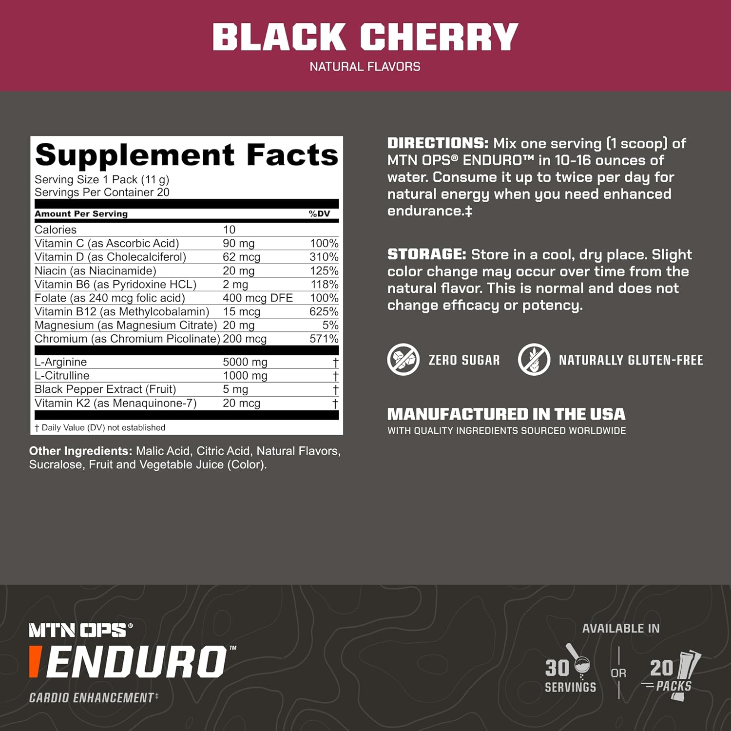 MTN OPS Enduro Nitric Oxide Pre Workout Powder Zero Sugar Stimulant Free Preworkout Caffeine Free with L Arginine L Citrulline Pump Formula 30 Servings Black Cherry