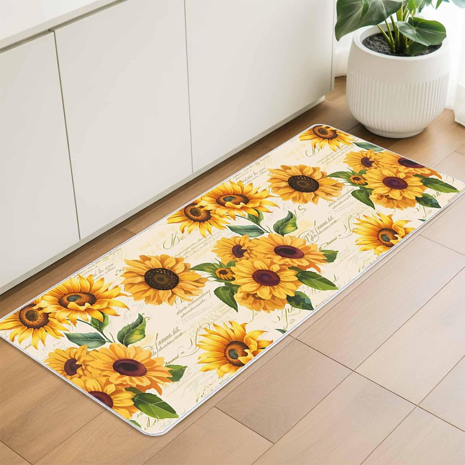 Yellow Sunflower Blossom Flower Kitchen Rug and Mat,Washable Floor Mats Standing Cushioned Set of 2,Country Leaves Retro Letter Slip-Proof Doormat Runner Rugs for Indoor Bathroom Laundry Sink