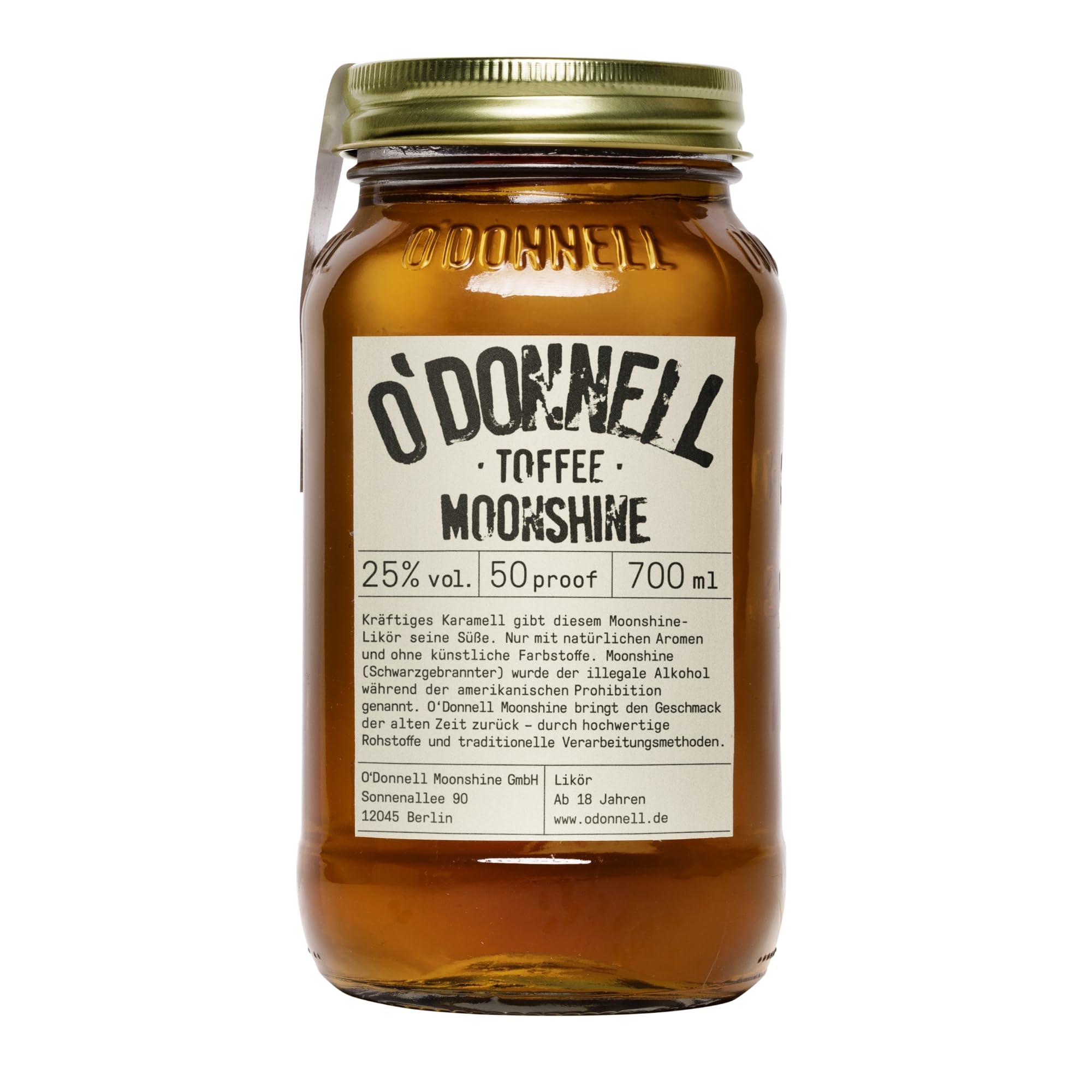 O’Donnell Moonshine Toffee Likör (Made in Berlin) 700ml Toffeelikör süß-kräftig & leicht rauchige - Karamell Whiskey Likör im Original Moonshine Schnaps Mason Jar (25%) Pur oder als Cocktail genießen