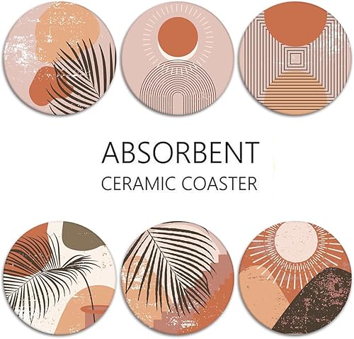 Miniatura 6 de Juego de 6 posavasos para bebidas, juego de 6, tapete redondo de piedra de cerámica absorbente de terracota naranja quemado, con base de corcho y