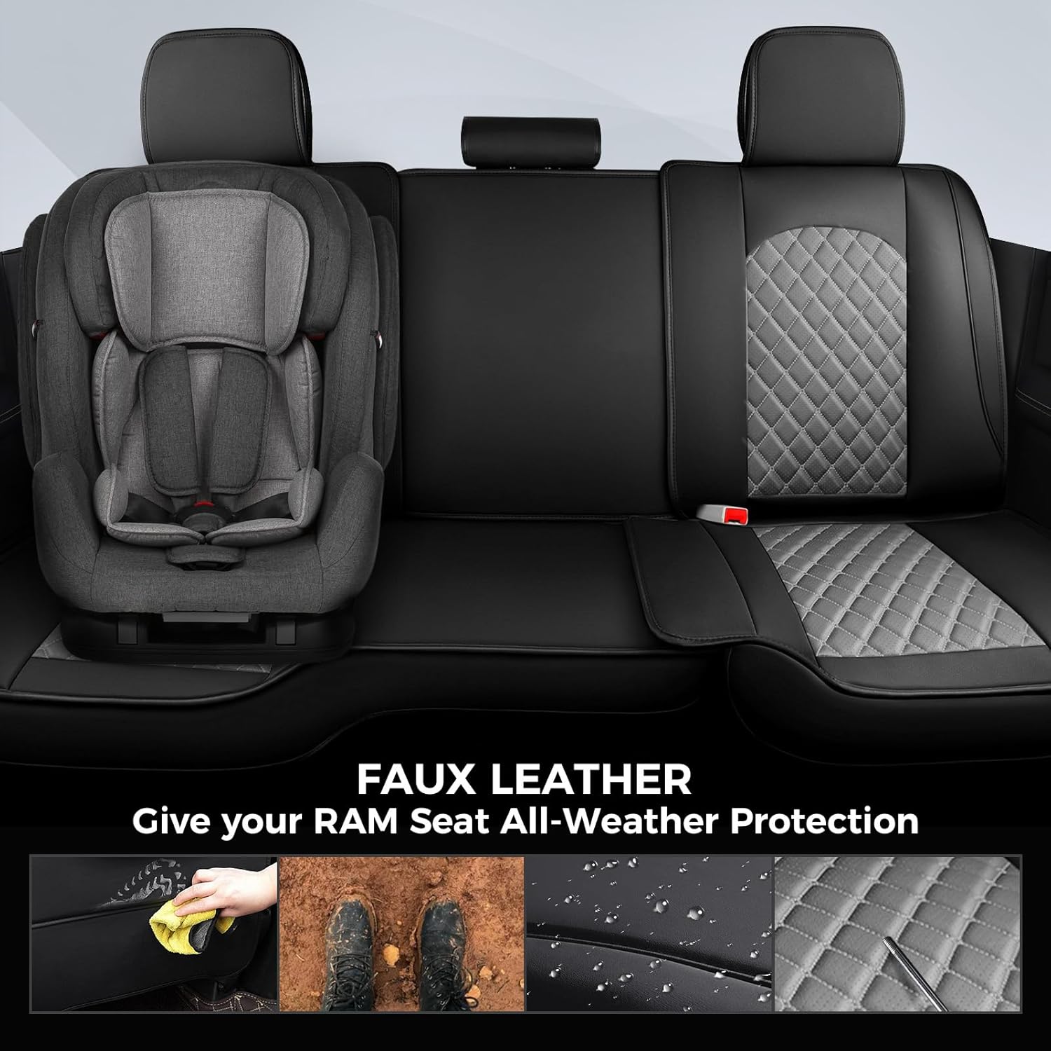 FREESOO Car Seat Covers Full Set for Dodge Ram 2002-2018 1500, 2011-2026 2500 3500 Classic Crew Cab Quad Cab Leather Seat Cover with Concave Bench, Black Grey