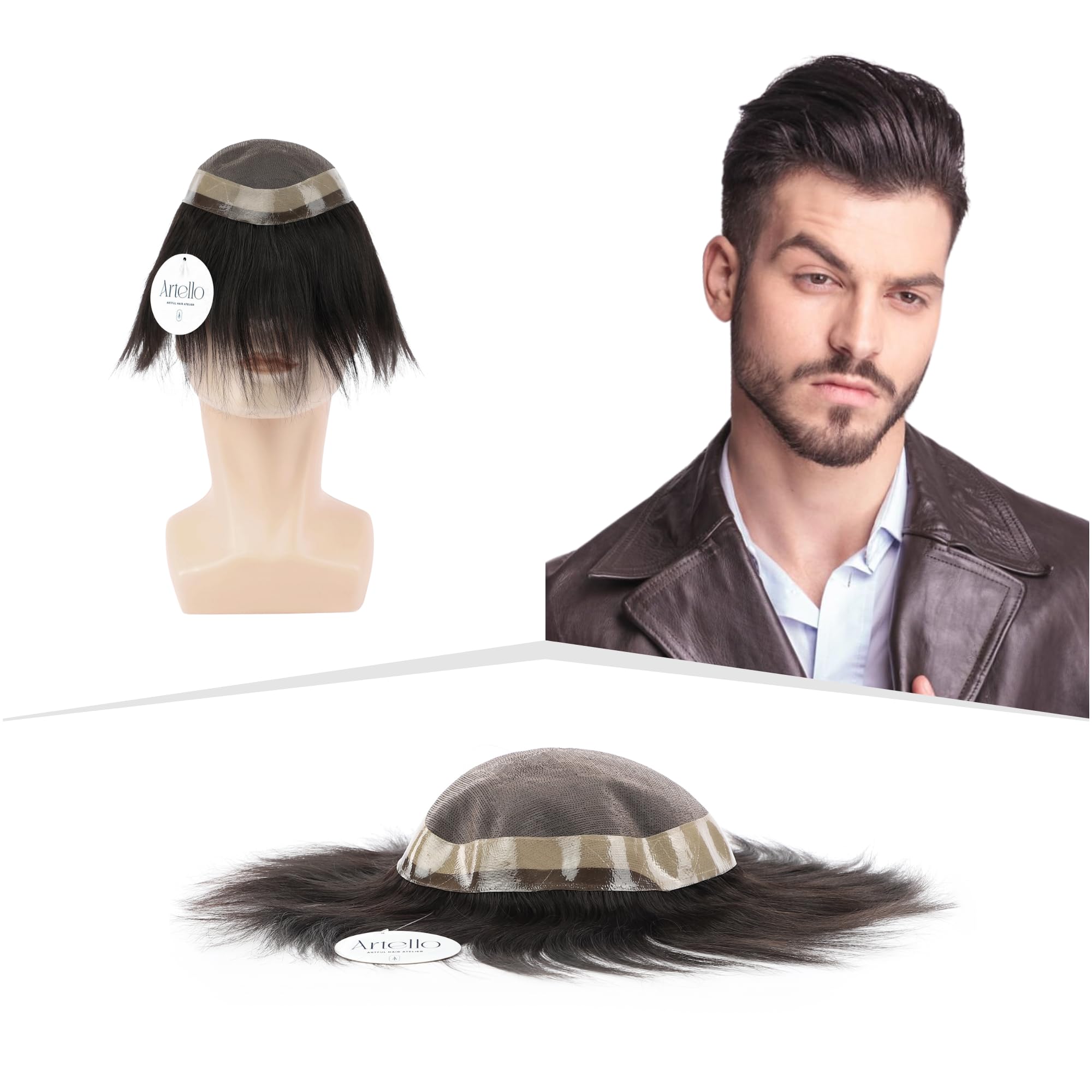 Artello® FINE R MONO Smart Hair Patch for Men, Silky Hair Wig in 100% Natural Human Hair, Dual Shade Apollo PU for Indian Skins, 2x Finest Base (Colour: Natural Black) (10x7)